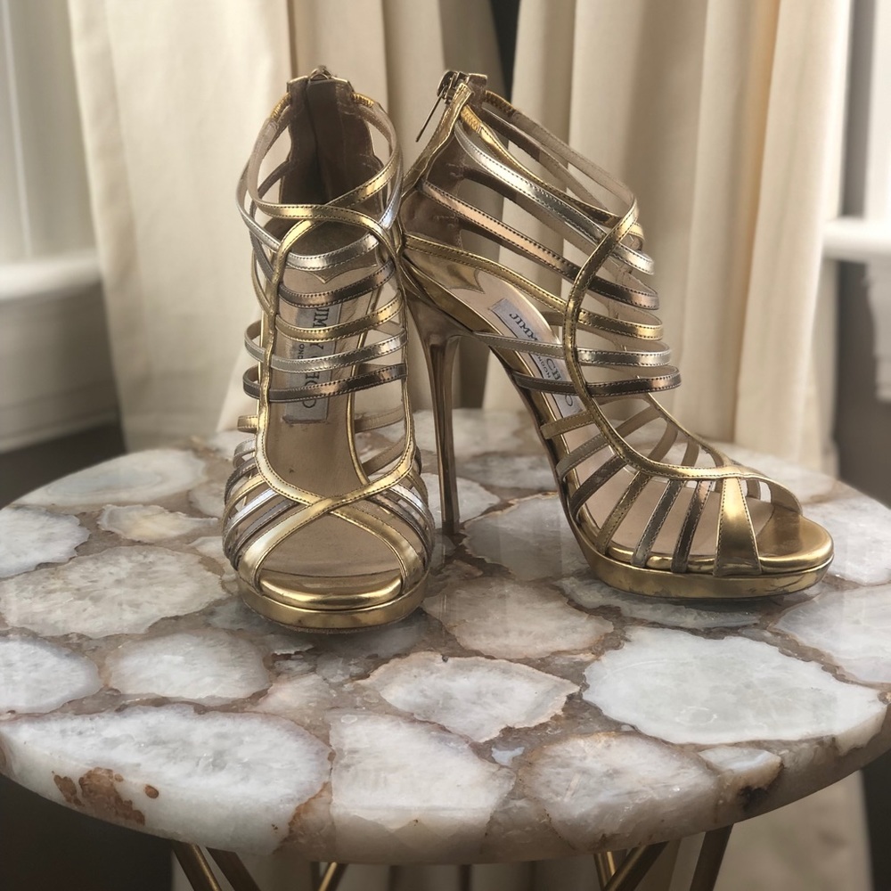 36 1/2 Gold Tone Jimmy Choo Shoes.